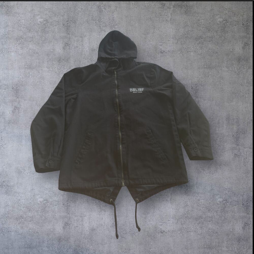 Belief NYC Ever Upward Fishtail Parka Jacket Mens Lrg Black Skate Coat RARE